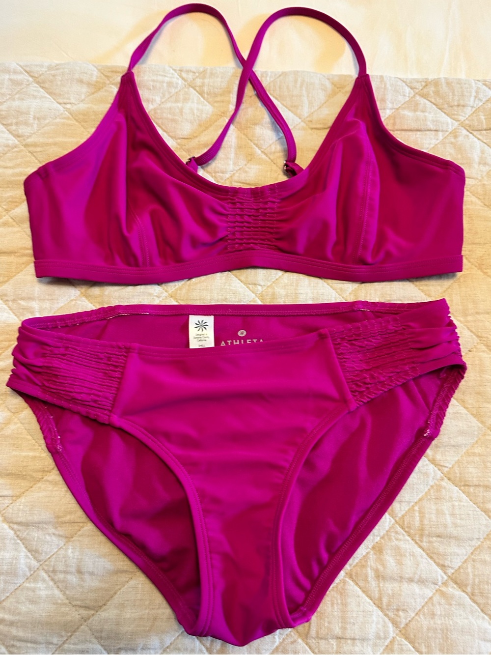 Athleta Magenta Ruched Crossback Bikini Set